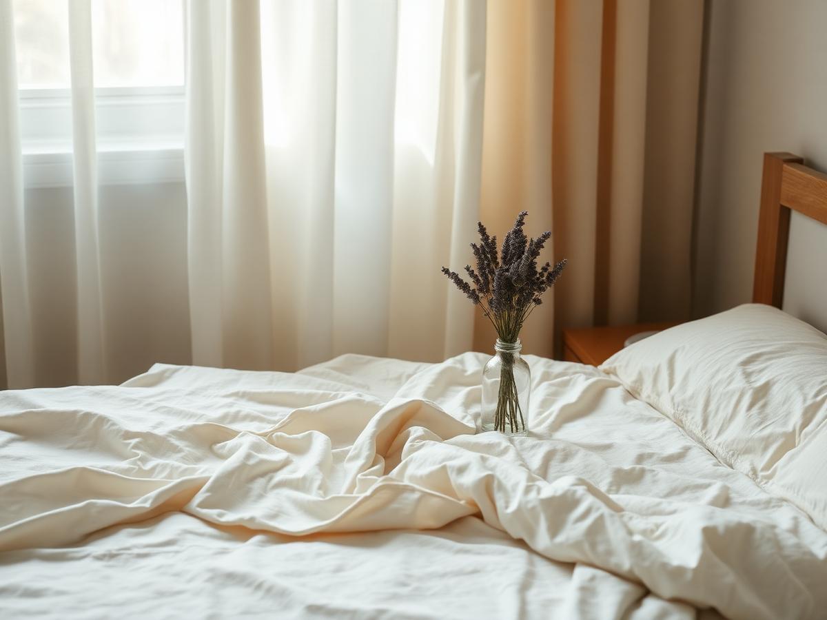 Soft morning light on cream linen bedding with a small vase of dried lavender