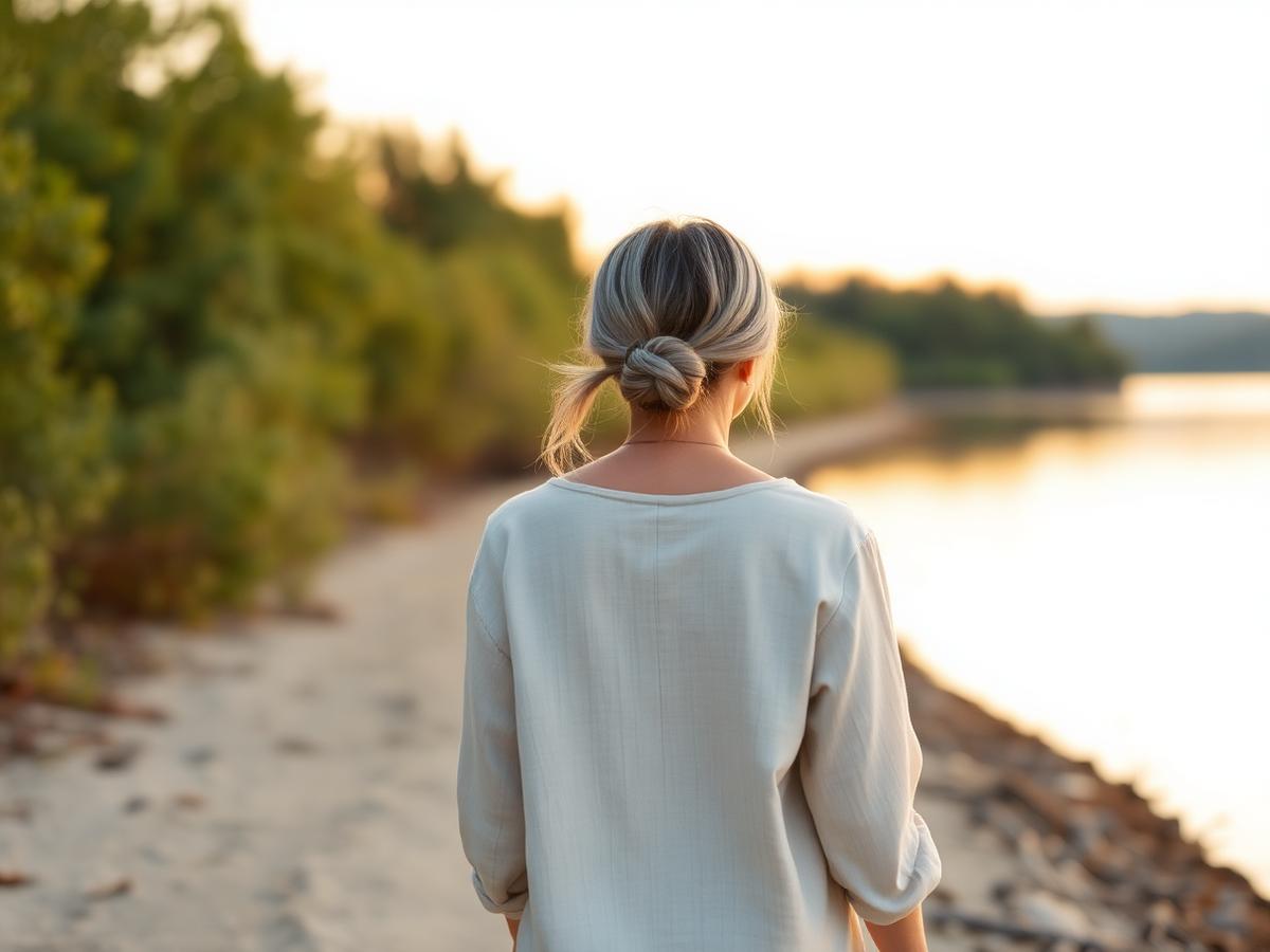 A woman walking alone along a quiet lake shore at golden hour