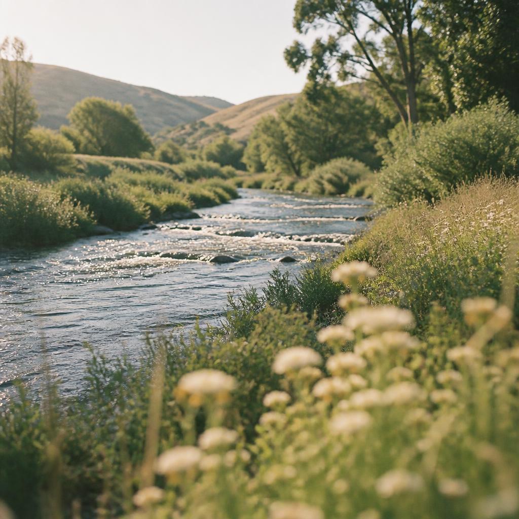 A sunlit river winding through green banks with wildflowers