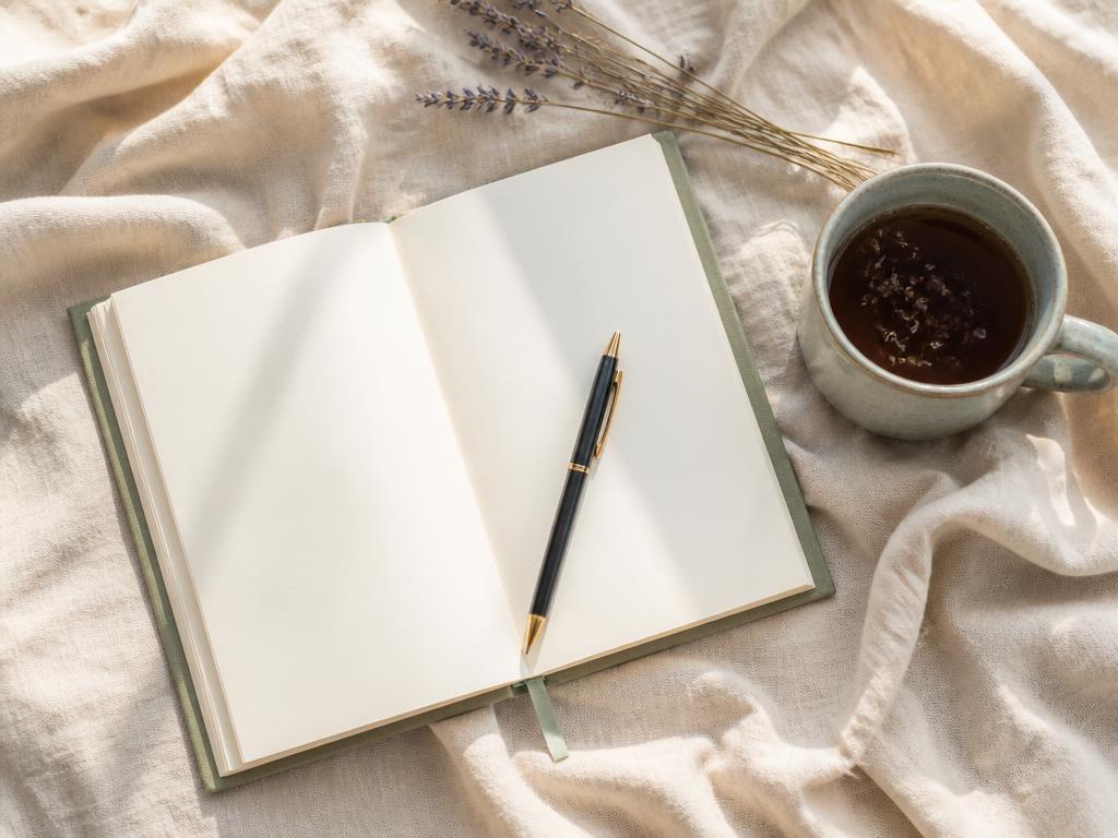 Hands journaling in a linen notebook with a mug of herbal tea