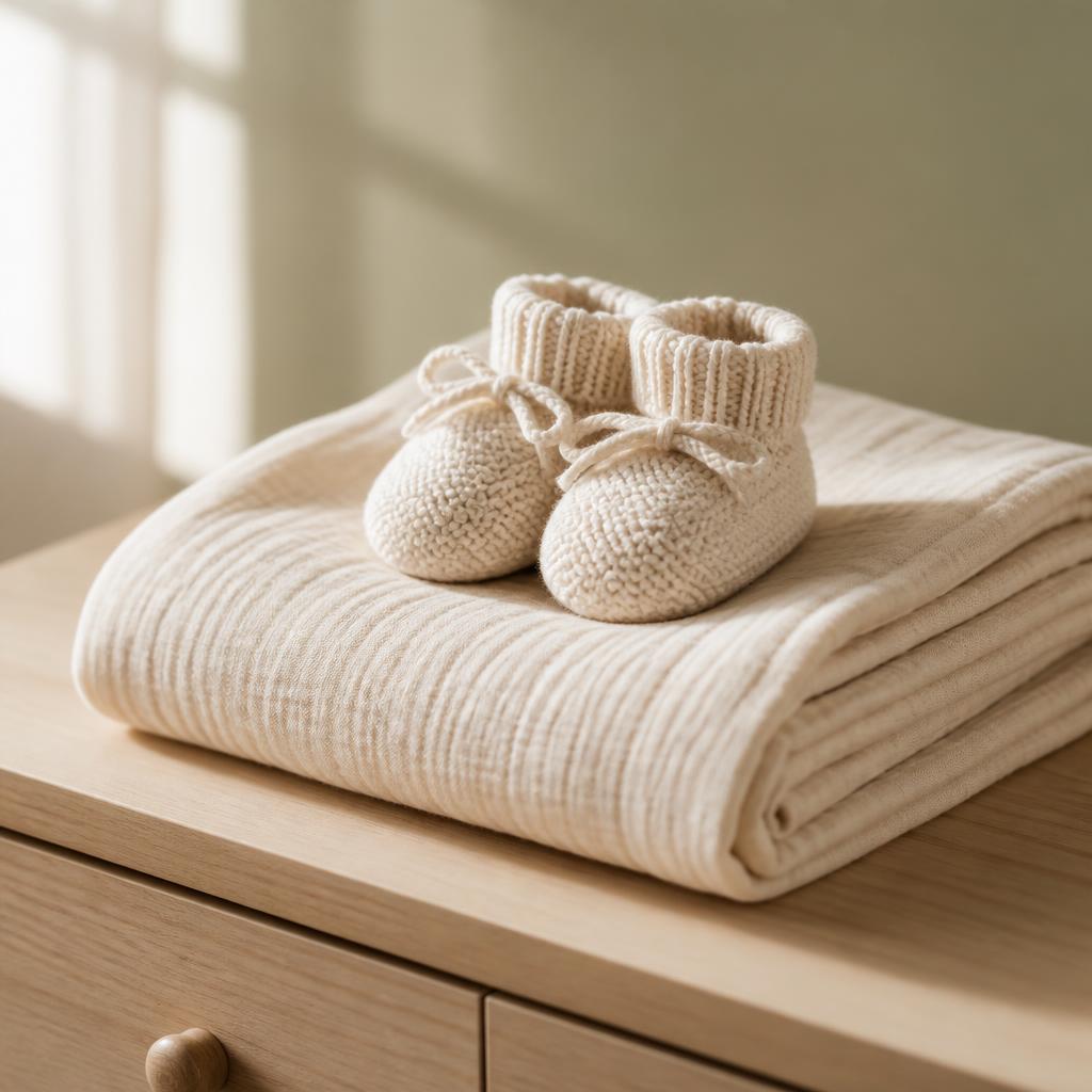 Knit baby booties resting on a folded muslin swaddle in soft morning light