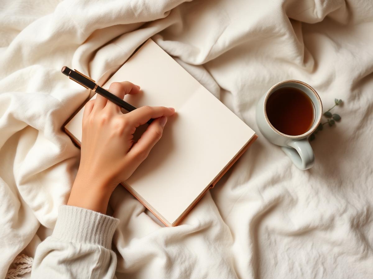 Hands journaling in a linen notebook with a mug of herbal tea