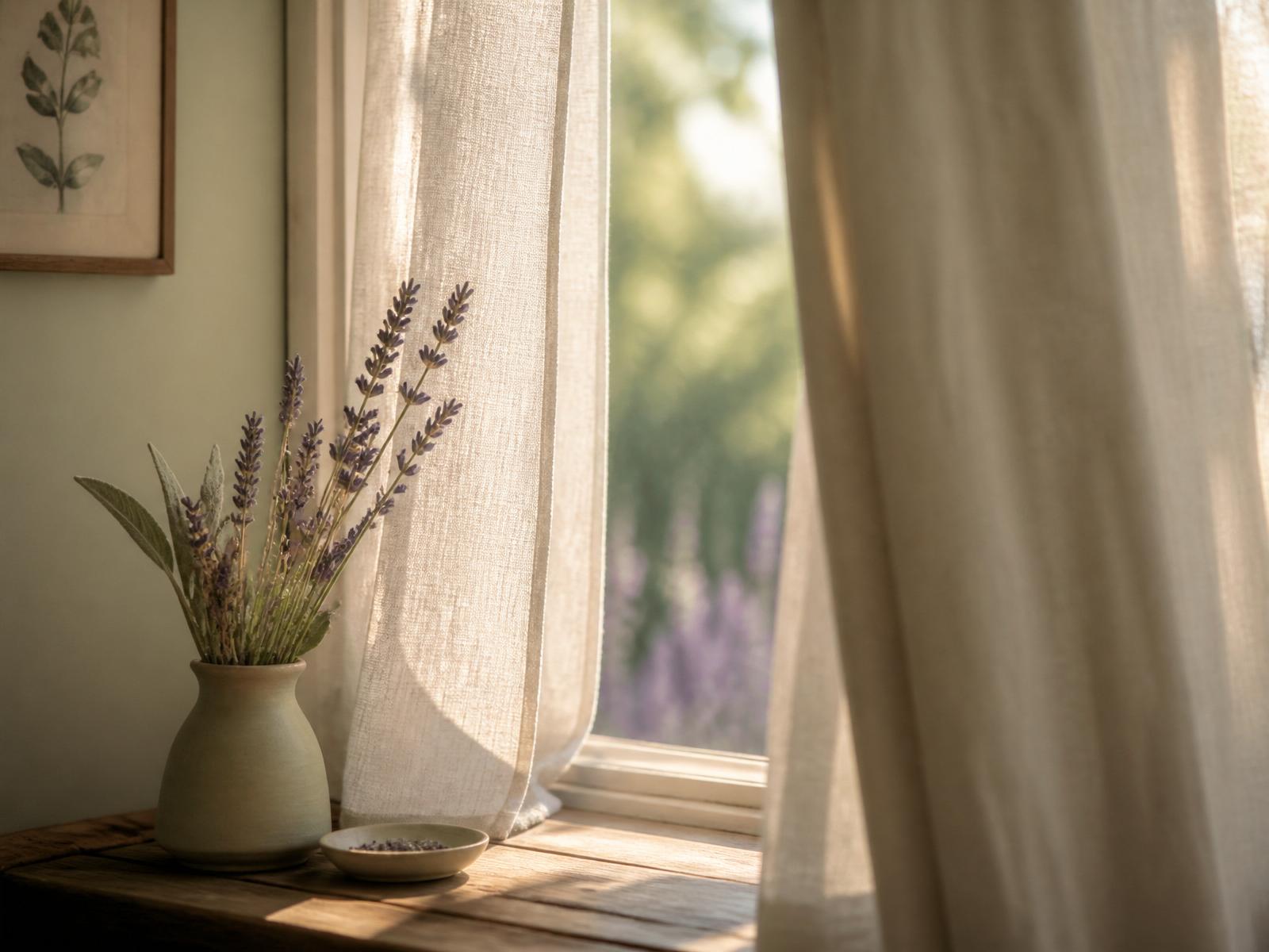 Calm sunlit window with sage and lavender, representing online therapy for women in Texas